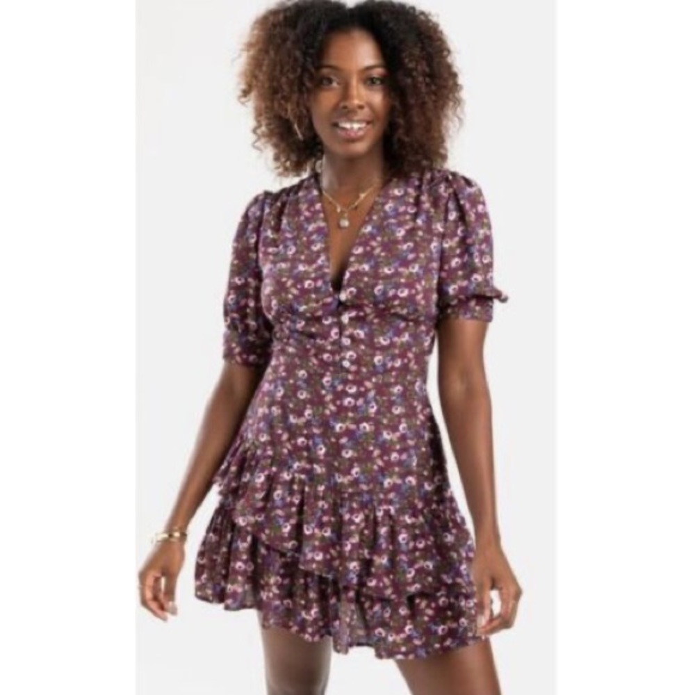Francesca’s Purple Floral Tiered Ruffle Dress